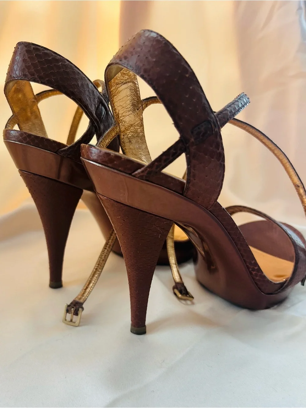 Sergio Rossi Brown Snake-Embossed Strappy Heels with Gold Insole
